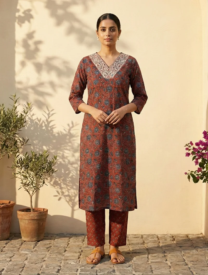 trueBrowns  trueBrowns Rust Floral Print Embroidered V-Neck Kurta Pant Dupatta Set  | Best Price UAE